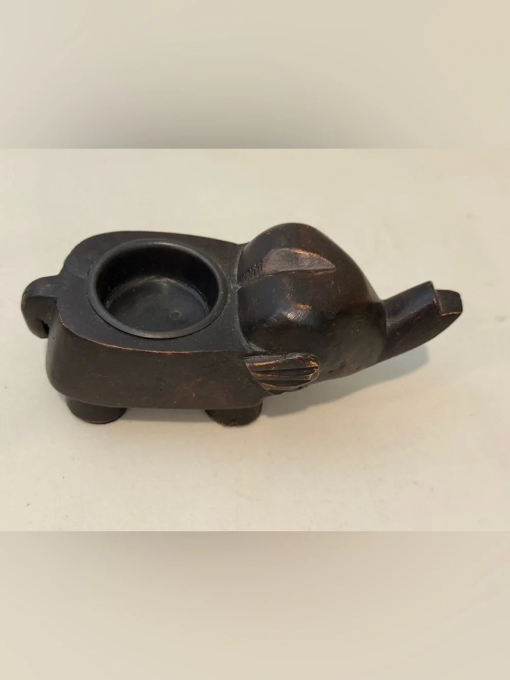 Hand Carved Brown Wood Elephant TeaLight Candle Holder Trunk Up Luck Shelf Decor
